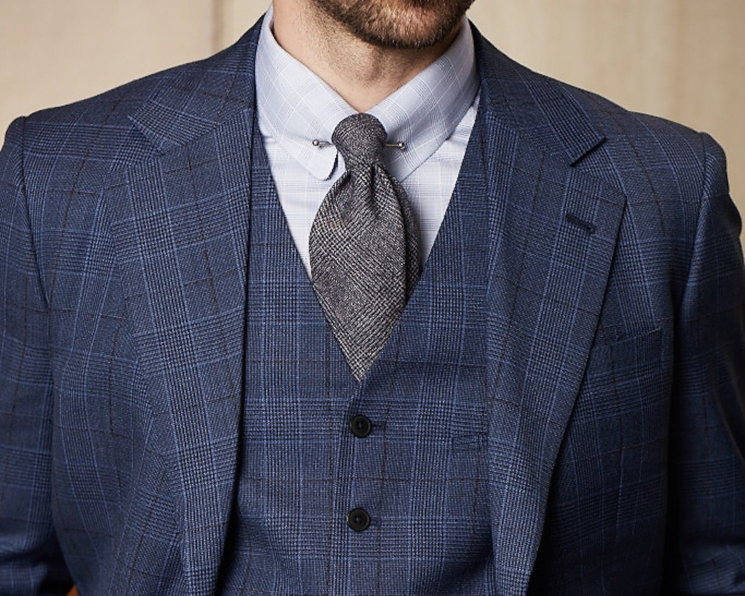 A glen plaid three-piece suit, made with Hickory OP 2046.