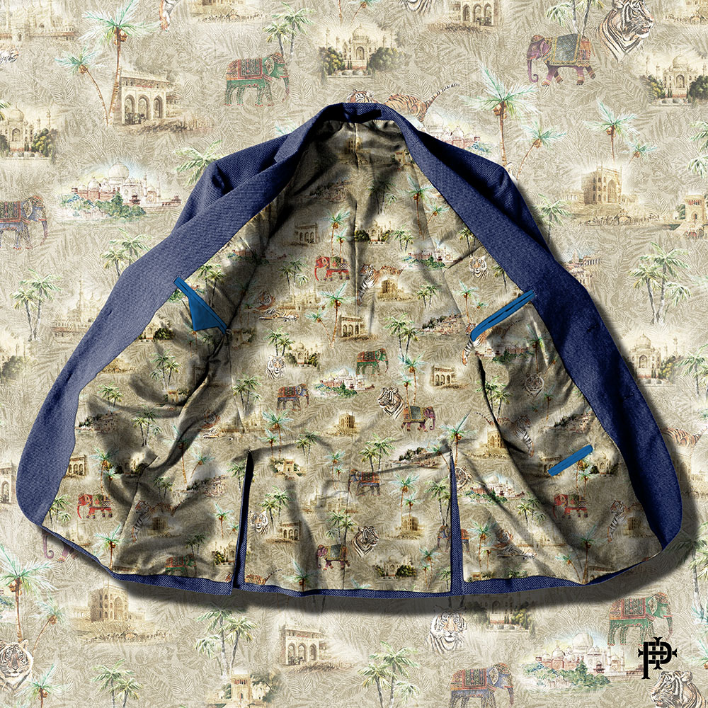 Our visualisation feature provides the opportunity to preview the look of a lining. This iteration (OP199 Bengal) displays a fascination with India.