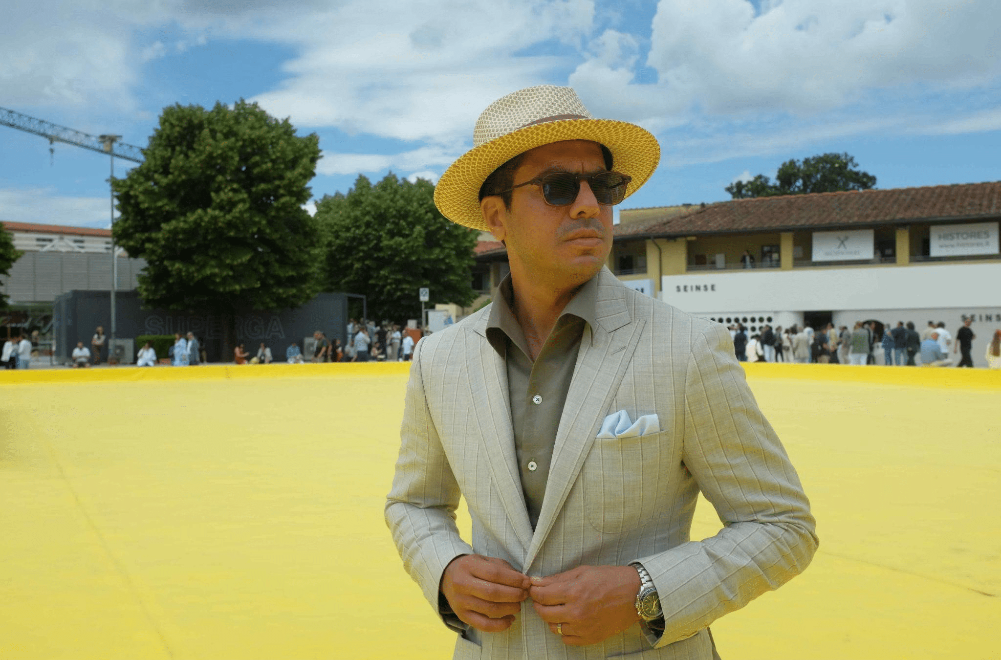 Officine Paladino founder Vishal Advani on the scene at Pitti Uomo summer 2024 in Florence.