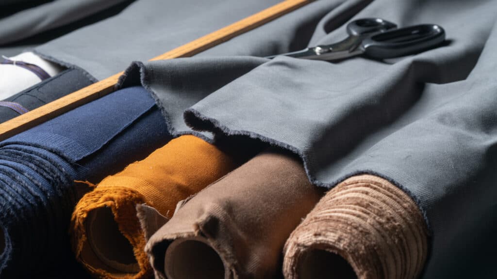 A closeup of the brushed cotton fabric after it has gone through the process. Shown here is (from left) OP1961 Ecru, OP1967 Willow, OP1965 Cerulean Blue, OP1964 Burnt Orange, OP1963 Chocolate, OP1962 Mocha, and OP1966 Graphite (above). Image by Viash for Officine Paladino.