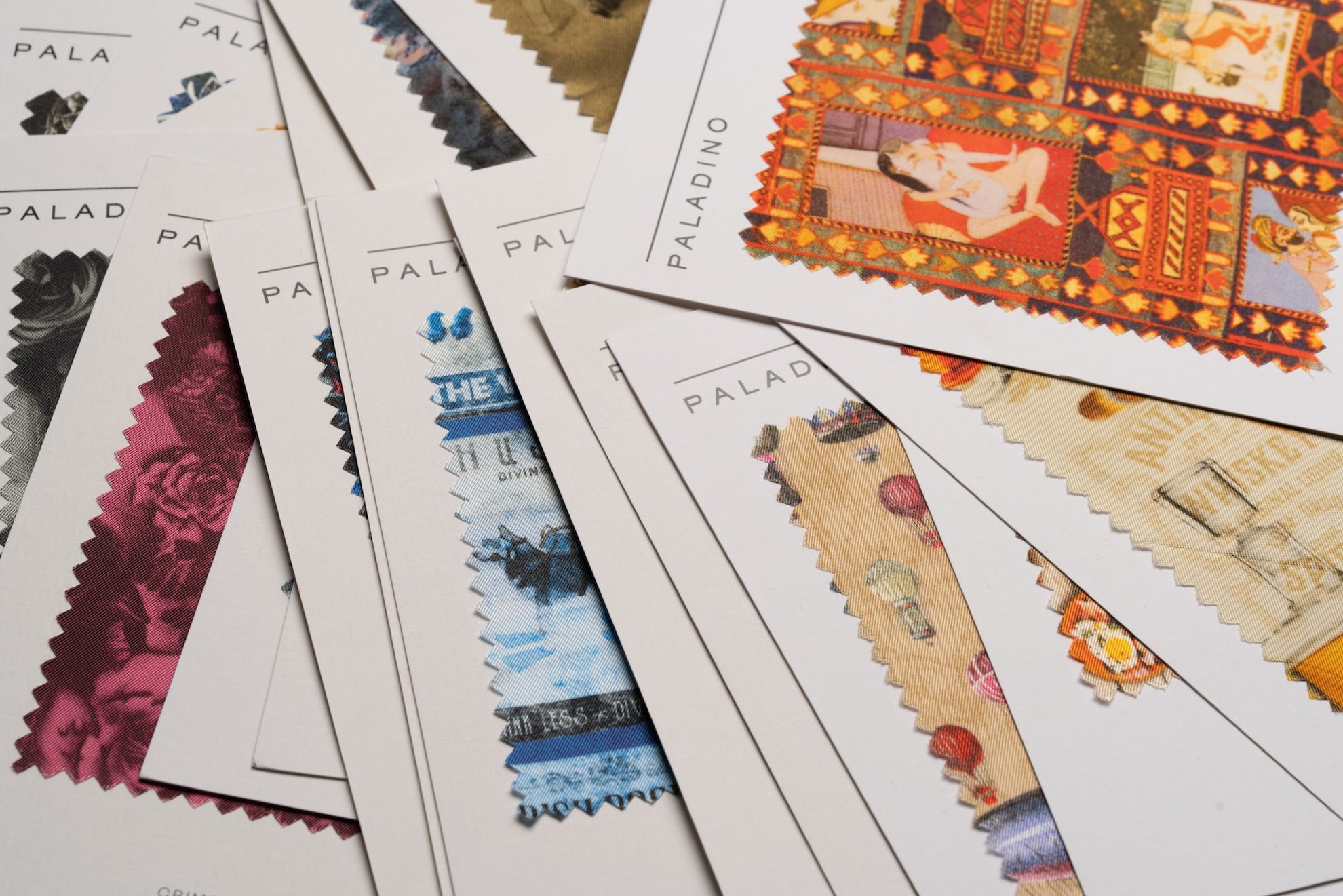 A selection of fabric swatches from the Officine Paladino Aura lining collection. 