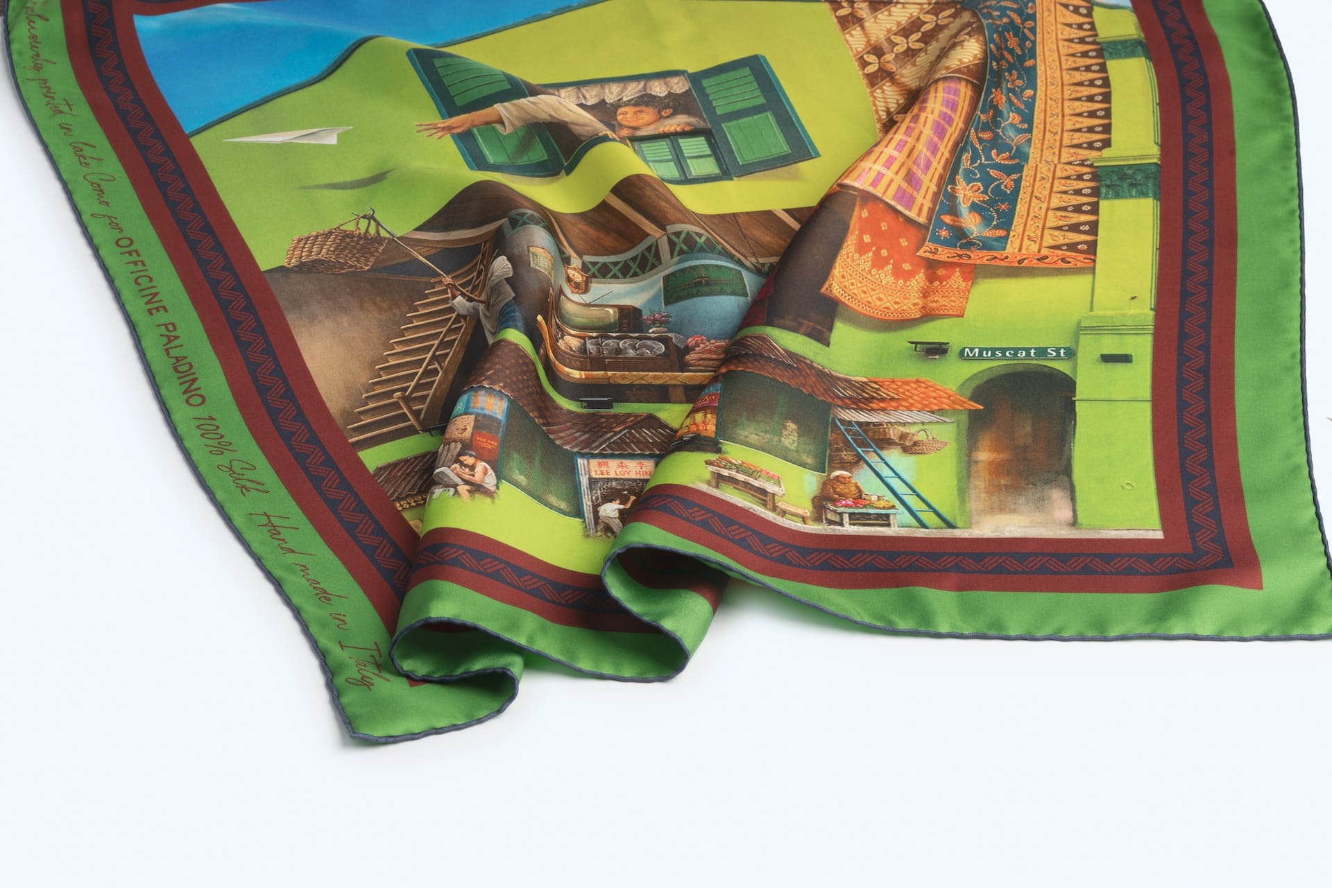 An image of a silk scarf depicting a graffiti artwork in Arab Street.