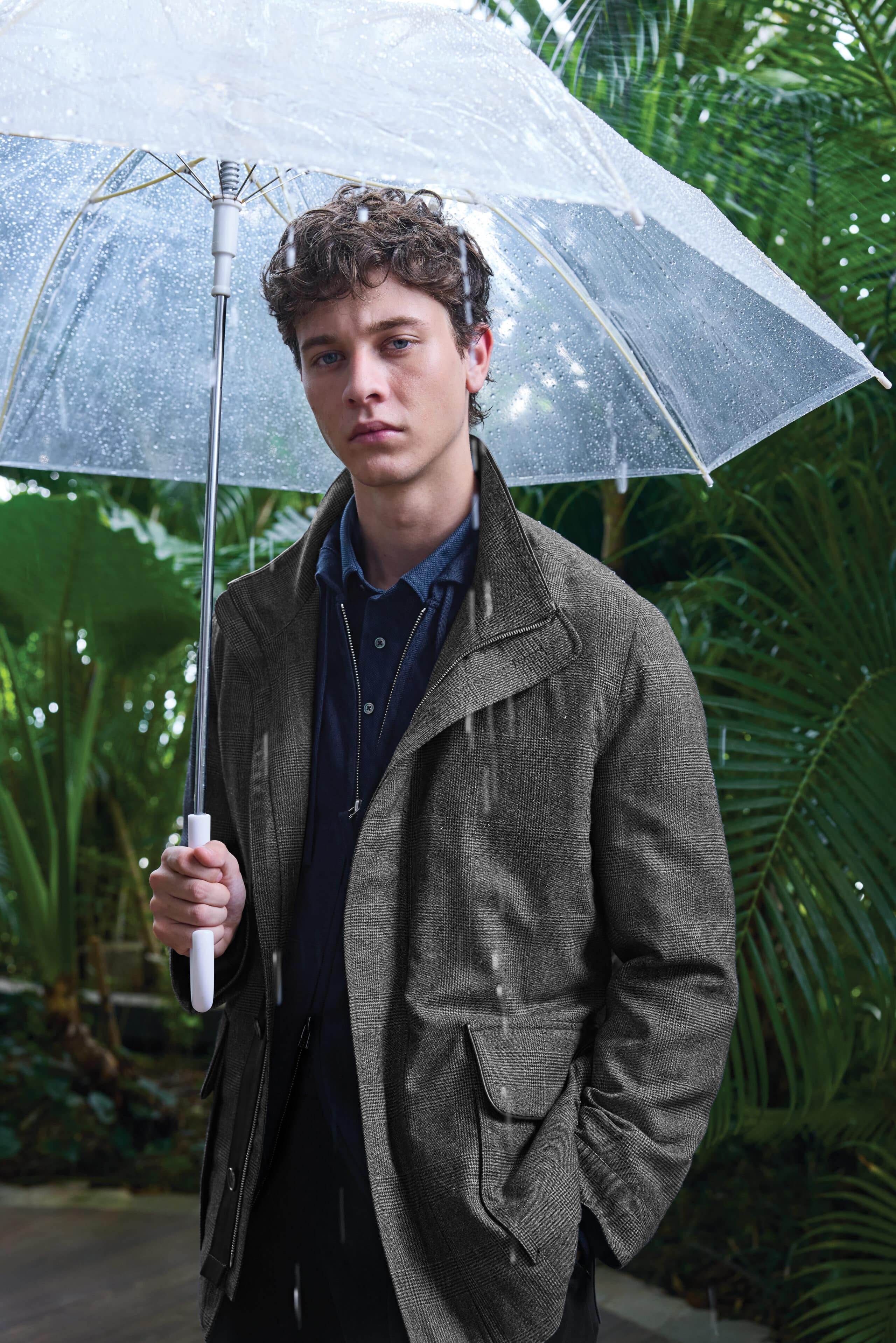 Luke wears a quilted field jacket with leather trim and dual zipper-button closure in OP2740 Astronaut.