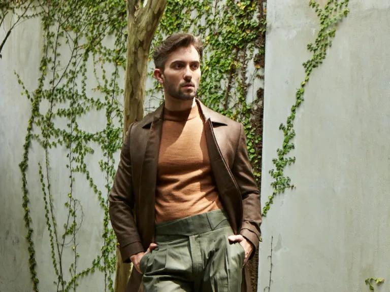 Worn here as a long coat made with our chocolate brown Hummus OP 2181 fabric. | Officine Paladino