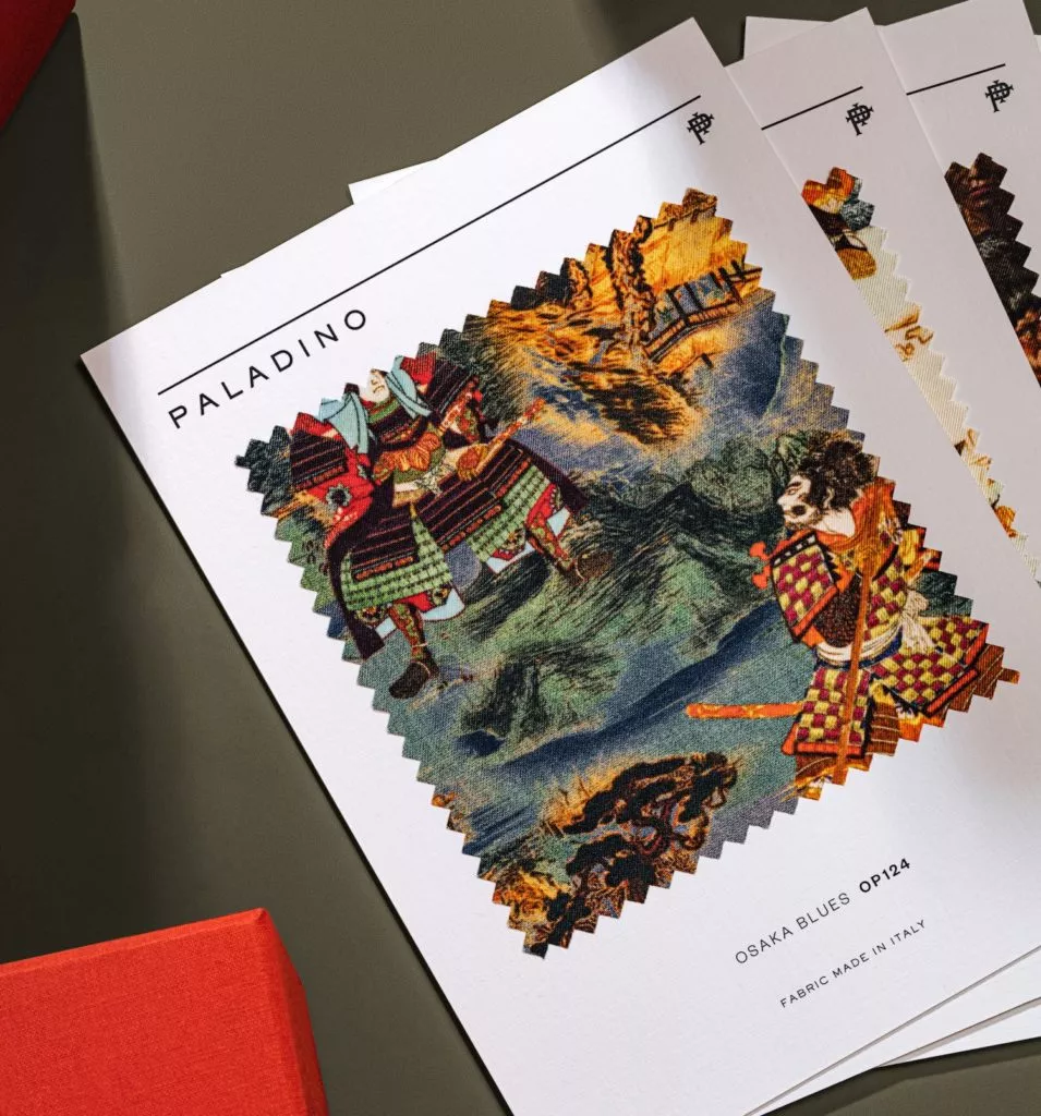 Aura fabric sample featuring vintage Japanese samurai art.