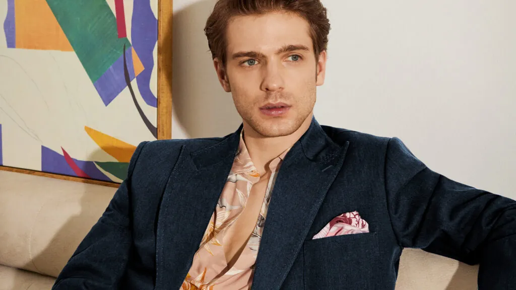 A jacket in OP1942 Jungle Denim, a cotton fabric that has a denim-like weave.