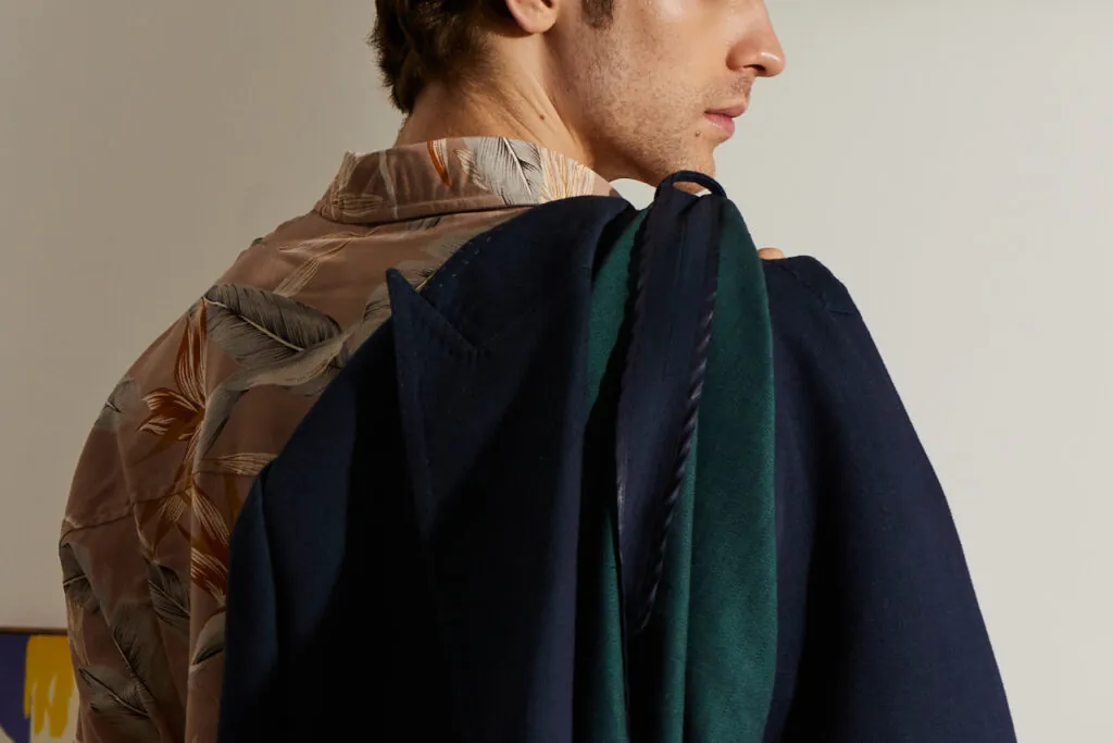 Shown here is a double-breasted jacket made with OP1942 Jungle Denim.